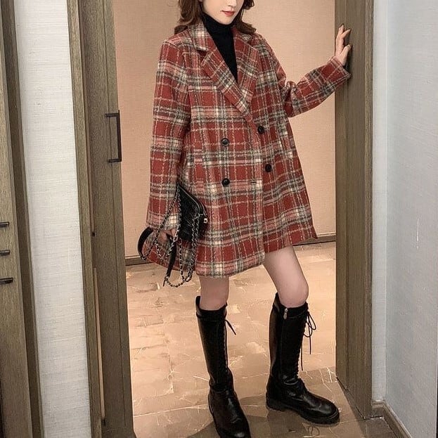レディース 上着 コート アウター 美シルエット チェスターコート ミドル丈 ラペルネック チェック柄 インスタ映え 可愛い かわいい 韓国 かっこいい カジュアル 大人 上品 シンプル lout04
