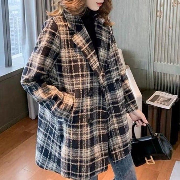 レディース 上着 コート アウター 美シルエット チェスターコート ミドル丈 ラペルネック チェック柄 インスタ映え 可愛い かわいい 韓国 かっこいい カジュアル 大人 上品 シンプル lout04