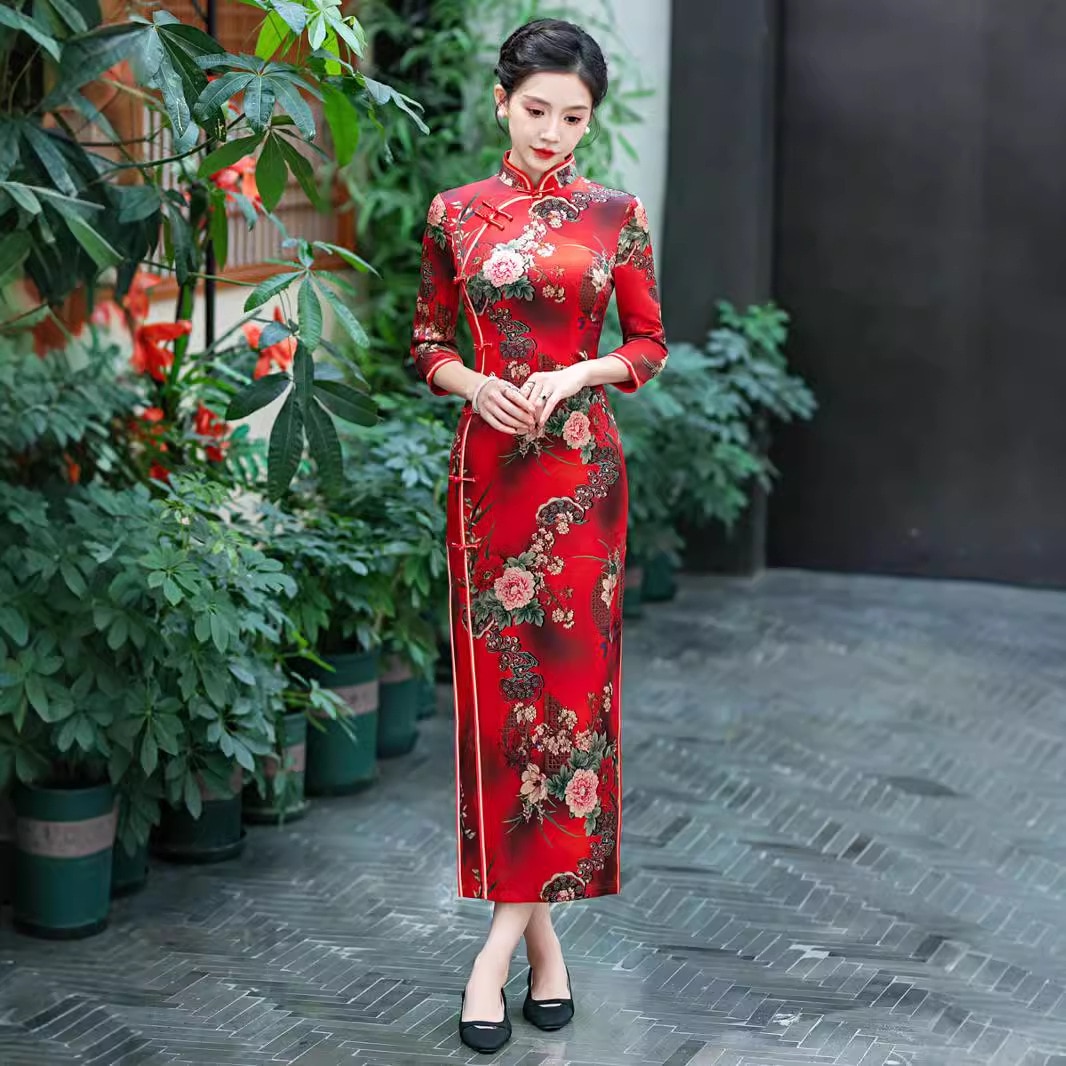 2025秋のシルクマルベリーシルクロングミドルスリーブチョンサム