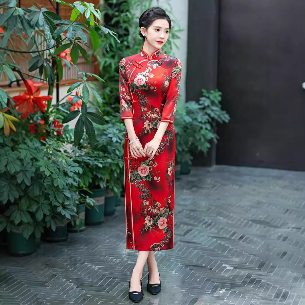 2025秋のシルクマルベリーシルクロングミドルスリーブチョンサム