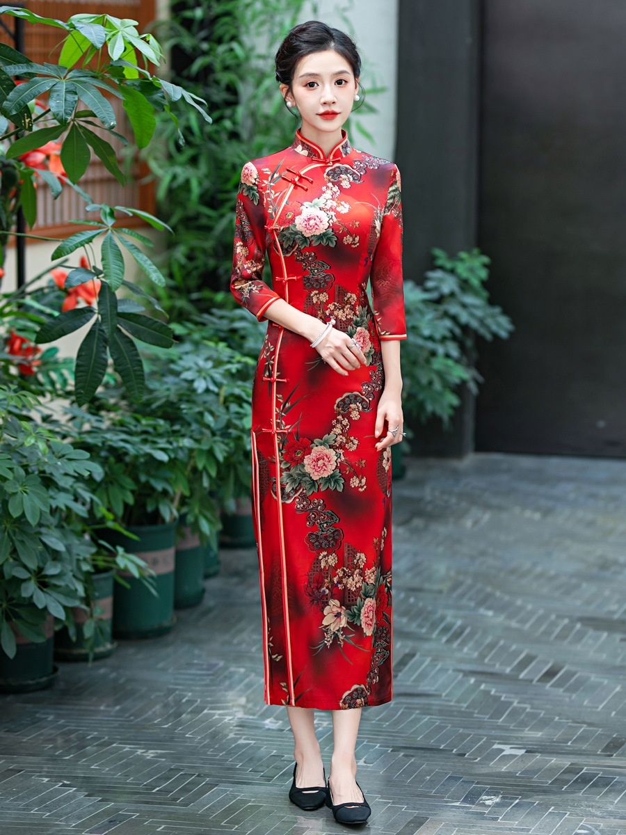 2025秋のシルクマルベリーシルクロングミドルスリーブチョンサム