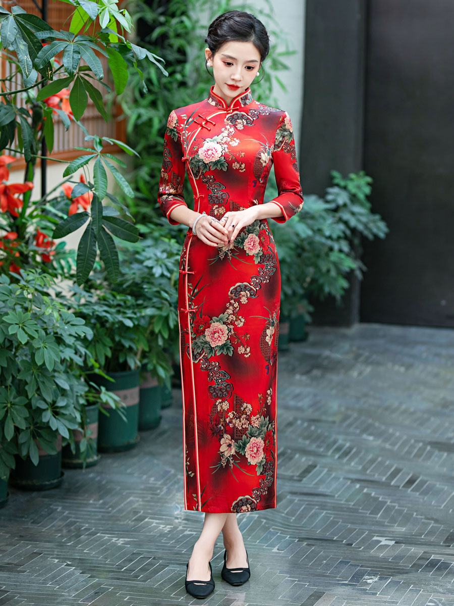 2025秋のシルクマルベリーシルクロングミドルスリーブチョンサム