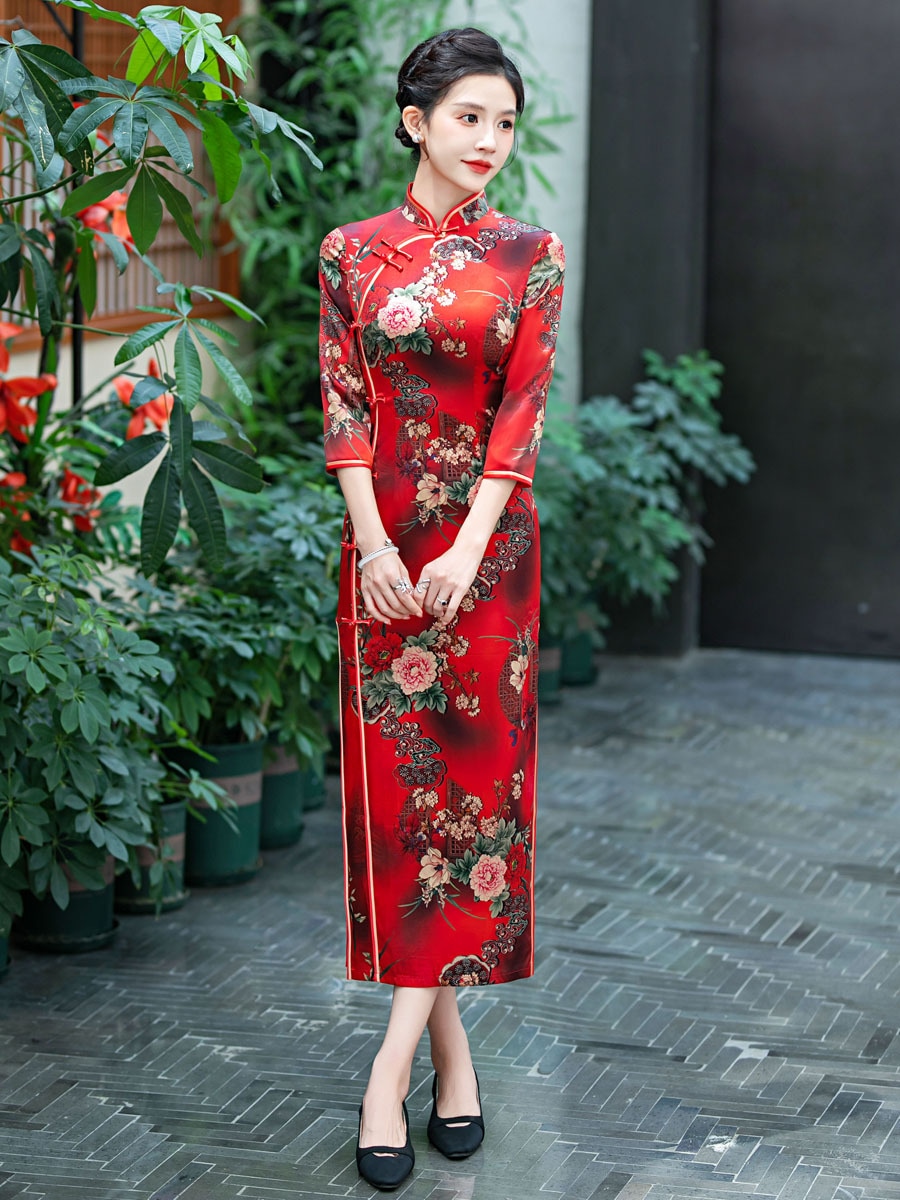 2025秋のシルクマルベリーシルクロングミドルスリーブチョンサム