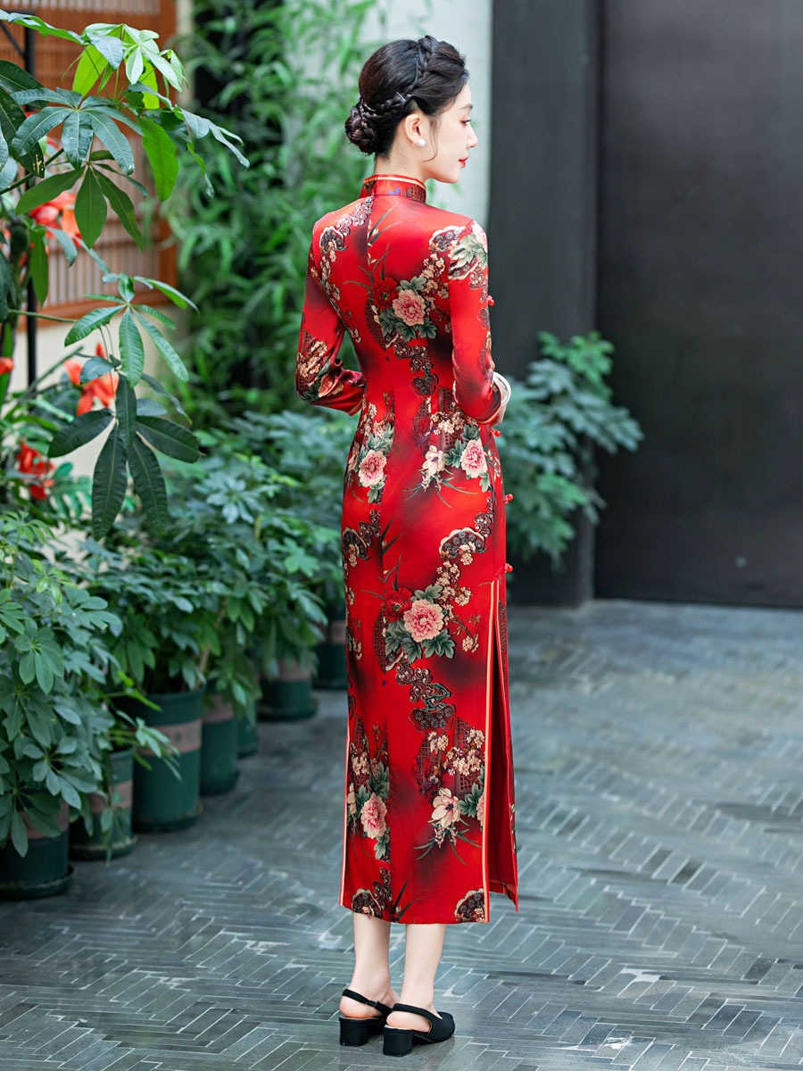 2025秋のシルクマルベリーシルクロングミドルスリーブチョンサム