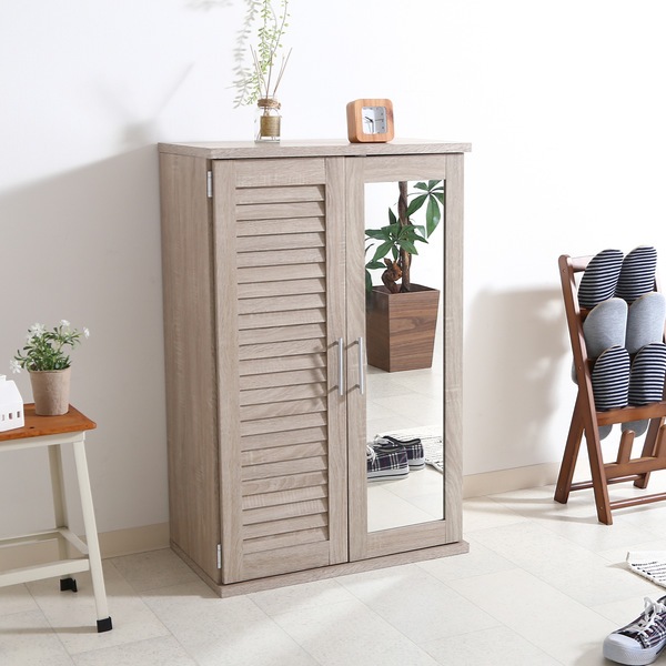 下駄箱 木製 ルーバー ミラー付き 幅60cm 組立品 幅60 シューズラック シューズボックス 玄関収納 靴 収納 靴箱 靴入れ 脚付き クツ 通気性 チェスト ラック シンプル スリム