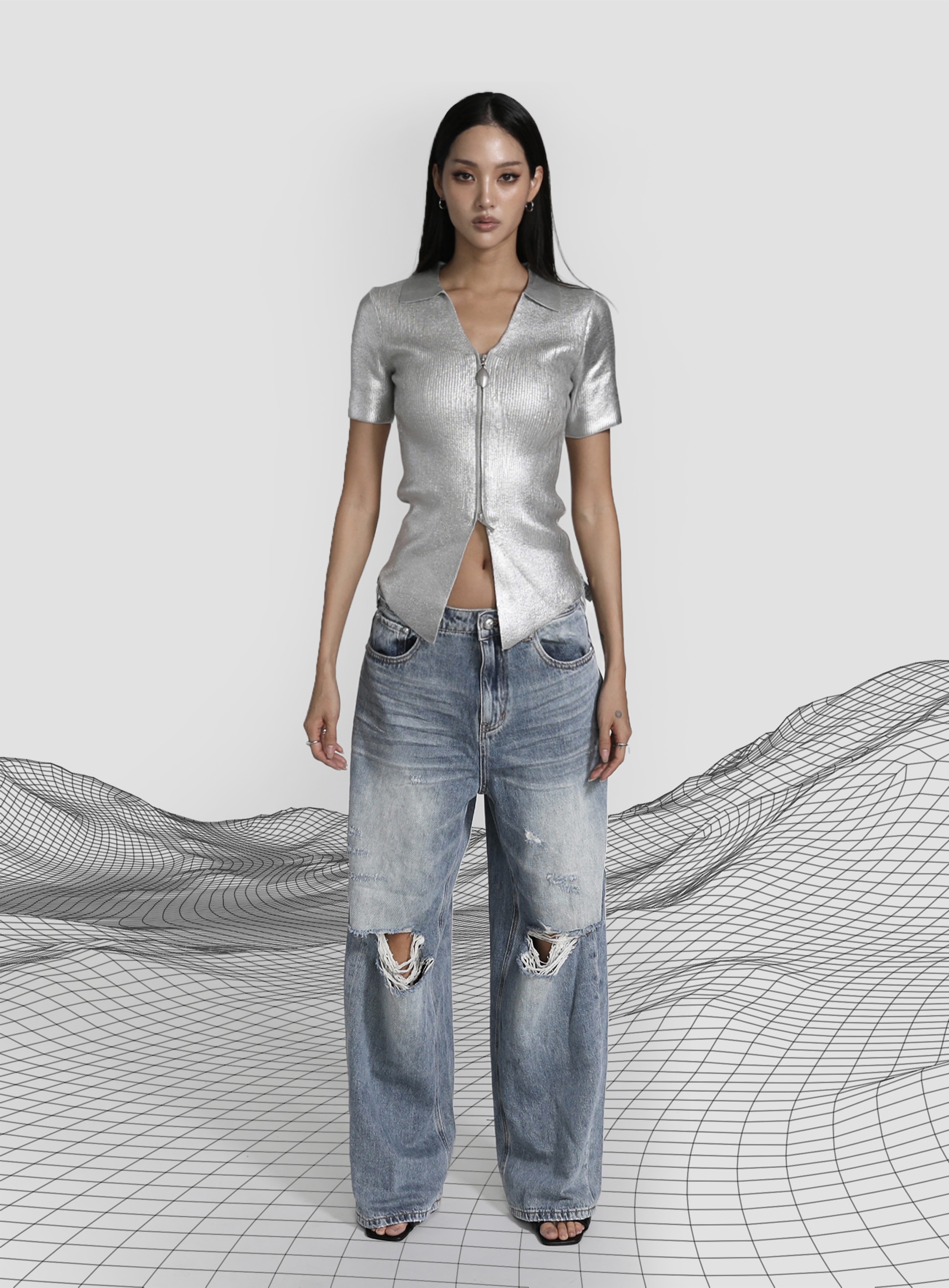 【BADBLOOD】 ELIPS METAL V - NECK COLLAR CARDIGAN : SILVER 【BADBLOOD】 ELIPS METAL V - NECK COLLAR CARDIGAN : SILVER