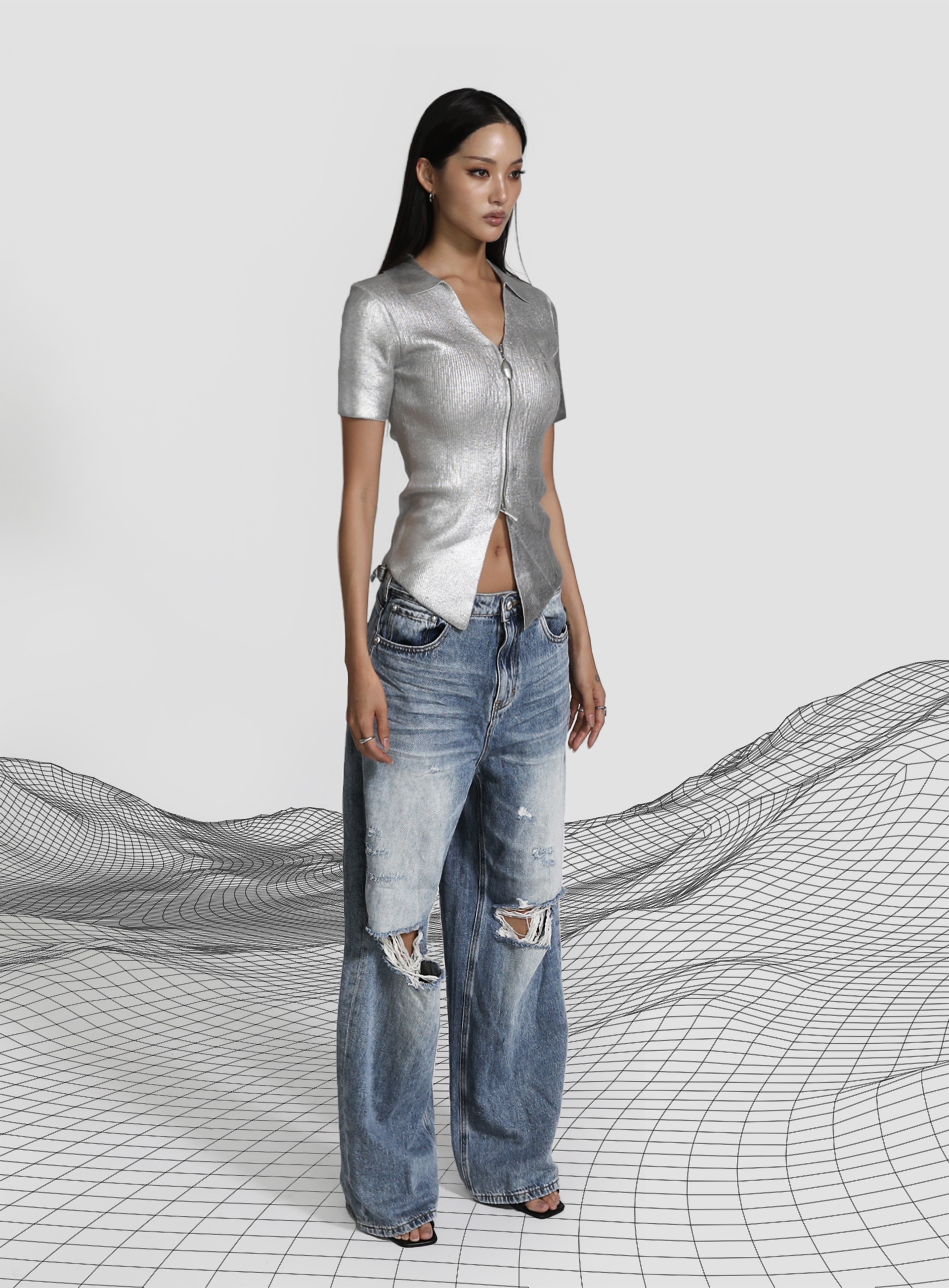 【BADBLOOD】 ELIPS METAL V - NECK COLLAR CARDIGAN : SILVER 【BADBLOOD】 ELIPS METAL V - NECK COLLAR CARDIGAN : SILVER