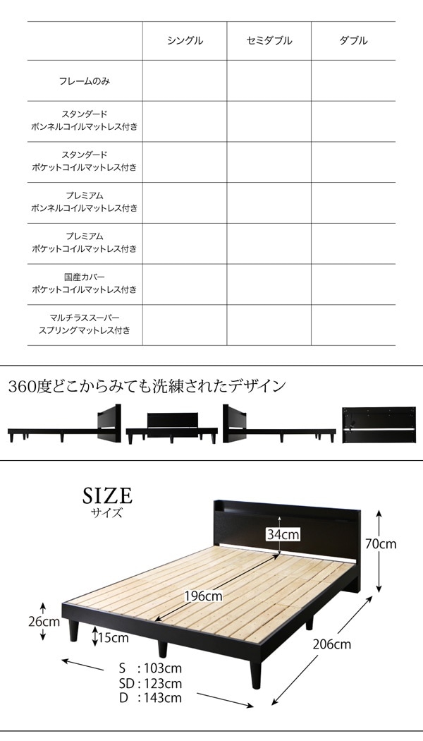 棚/コンセント付き デザイン すのこベッド [Morgent]モーゲント [スタンダードボンネルコイルマットレス付き] シングル [フレーム色]ブラック [マットレス色]ブラック