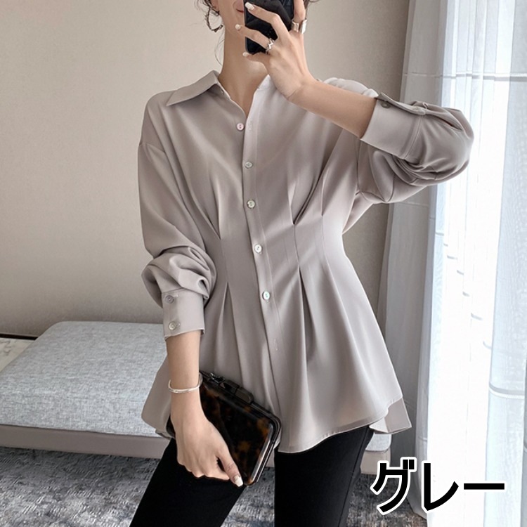 ブラウス シャツ バックプリーツ ペプラム バックコンシャス バックシャン 黒 白 ブラック 韓国 レディース オルチャン きれいめ 襟つき 長袖 シフォン 体型カバー シンプル 無地