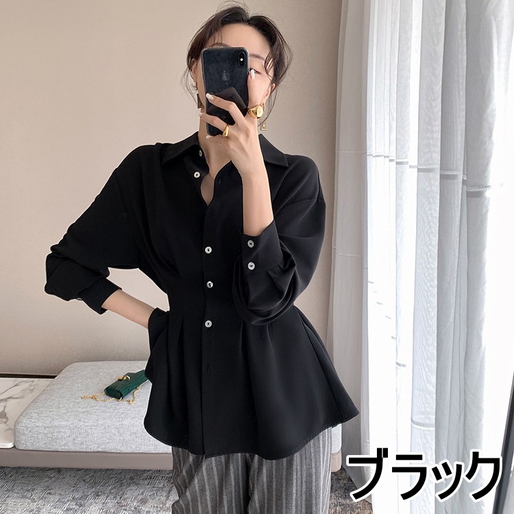 ブラウス シャツ バックプリーツ ペプラム バックコンシャス バックシャン 黒 白 ブラック 韓国 レディース オルチャン きれいめ 襟つき 長袖 シフォン 体型カバー シンプル 無地