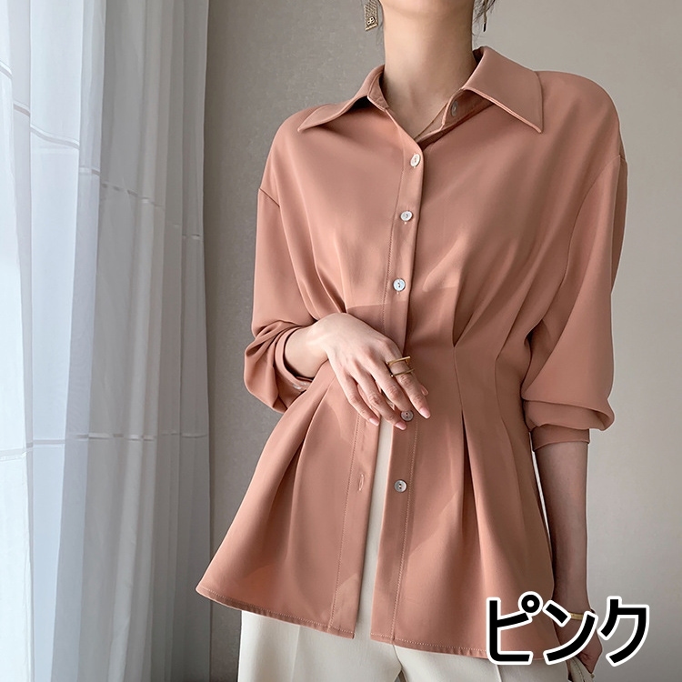 ブラウス シャツ バックプリーツ ペプラム バックコンシャス バックシャン 黒 白 ブラック 韓国 レディース オルチャン きれいめ 襟つき 長袖 シフォン 体型カバー シンプル 無地