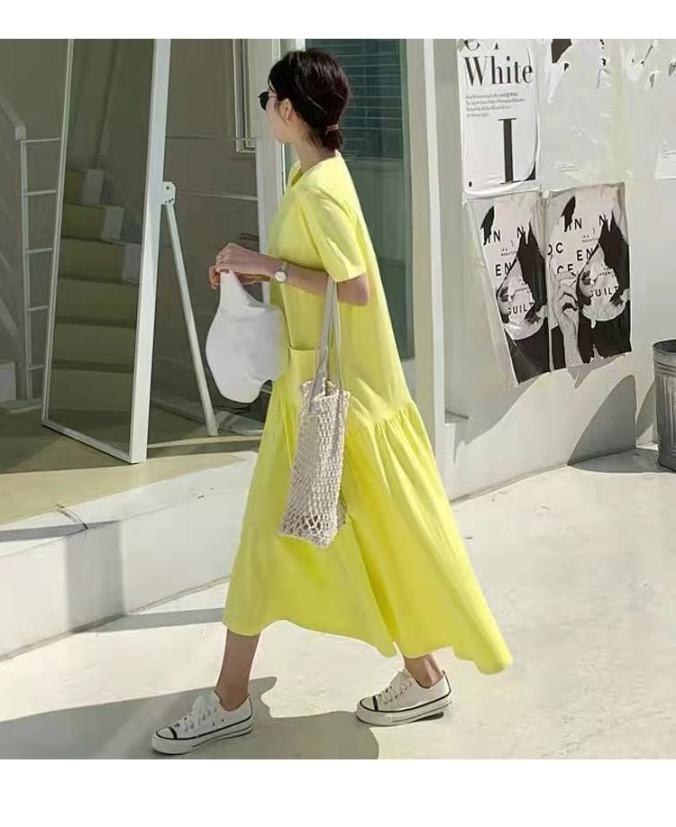 ポケット付き ワンピース カジュアル コットン イエロー 普段着 おしゃれ お出かけ イベント