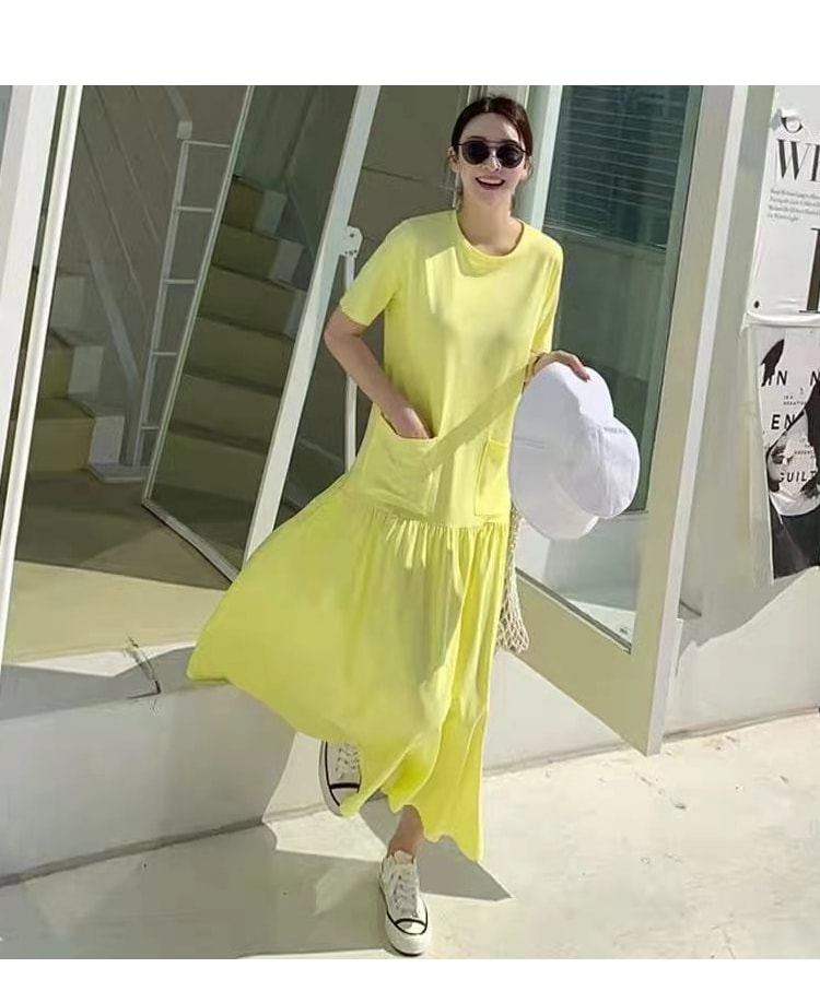 ポケット付き ワンピース カジュアル コットン イエロー 普段着 おしゃれ お出かけ イベント