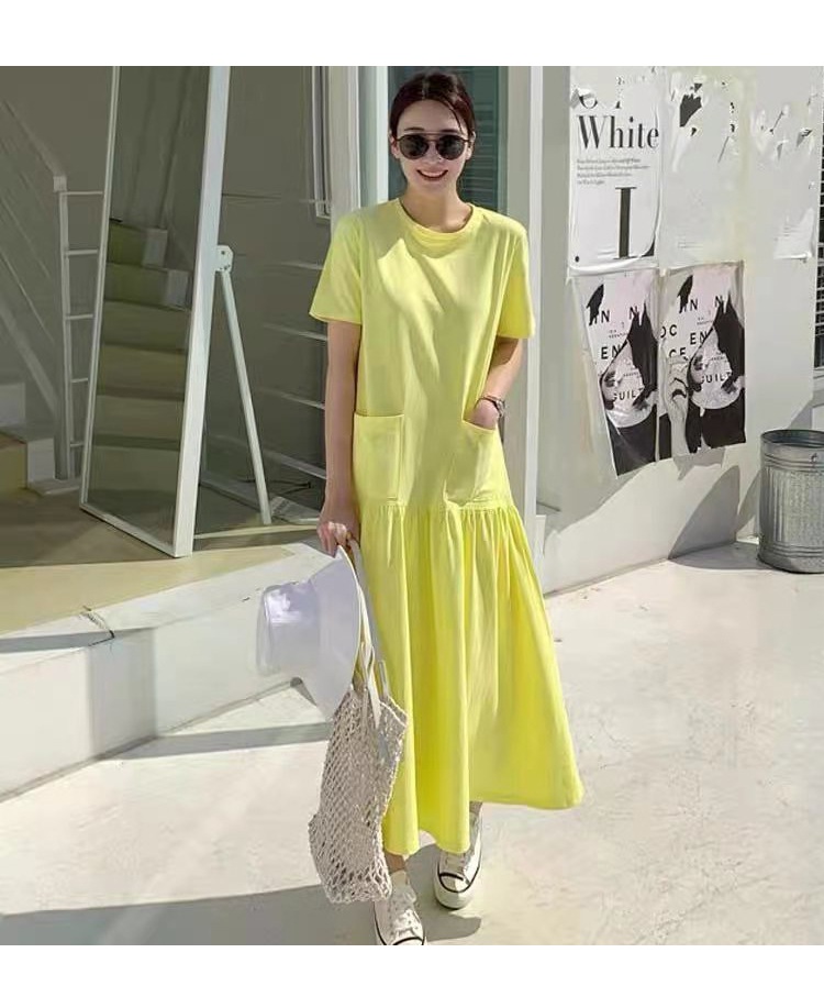 ポケット付き ワンピース カジュアル コットン イエロー 普段着 おしゃれ お出かけ イベント