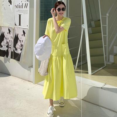 ポケット付き ワンピース カジュアル コットン イエロー 普段着 おしゃれ お出かけ イベント