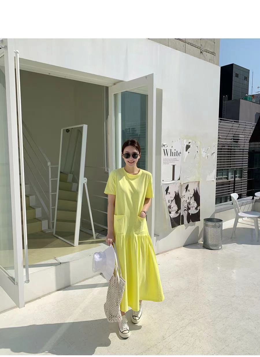 ポケット付き ワンピース カジュアル コットン イエロー 普段着 おしゃれ お出かけ イベント