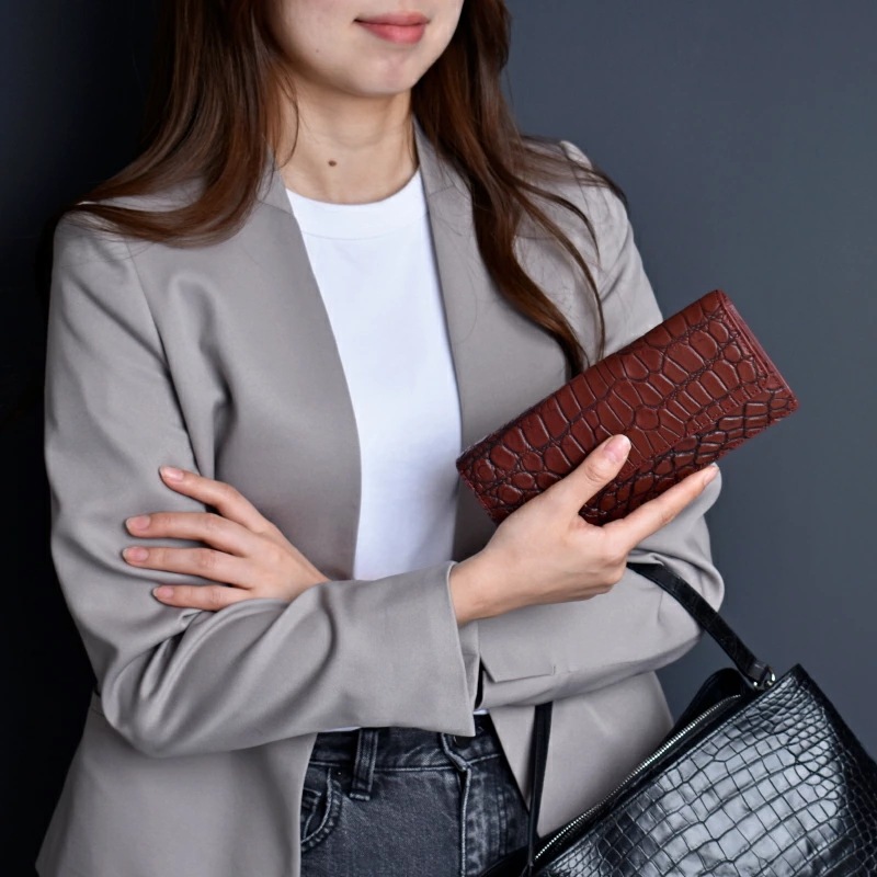 クロコダイル 本革 かぶせ 目地染め 薄型 長財布 レディース メンズ ワニ エキゾチックレザー ギフト プレゼント 大人 かっこいい ウォレット スリム 男女兼用