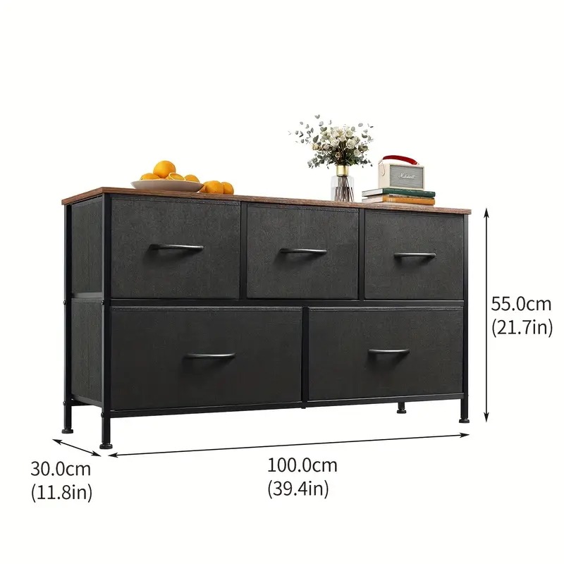 1個 金属＆ファブリック 5段引き出し収納キャビネット ブラックドロワー＆ブラウントップ - 頑丈な脚付き 省スペース設計 簡単組立 寝室・リビング・キッチン・バスルーム用 68.58cm高さ3