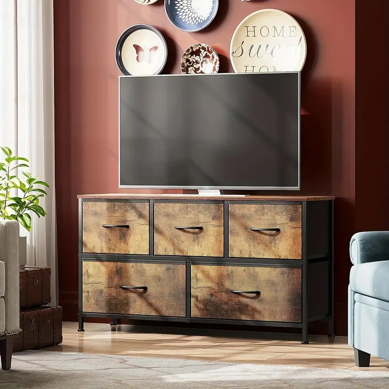 1個 金属＆ファブリック 5段引き出し収納キャビネット ブラックドロワー＆ブラウントップ - 頑丈な脚付き 省スペース設計 簡単組立 寝室・リビング・キッチン・バスルーム用 68.58cm高さ3