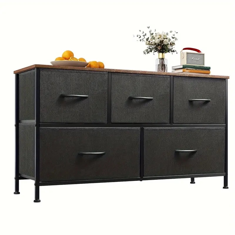 1個 金属＆ファブリック 5段引き出し収納キャビネット ブラックドロワー＆ブラウントップ - 頑丈な脚付き 省スペース設計 簡単組立 寝室・リビング・キッチン・バスルーム用 68.58cm高さ3