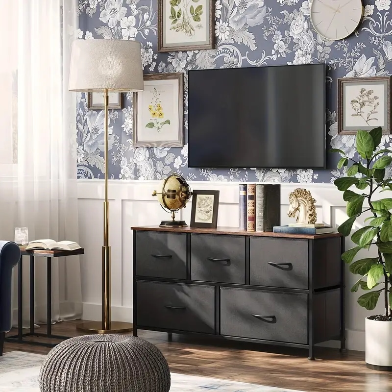 1個 金属＆ファブリック 5段引き出し収納キャビネット ブラックドロワー＆ブラウントップ - 頑丈な脚付き 省スペース設計 簡単組立 寝室・リビング・キッチン・バスルーム用 68.58cm高さ3