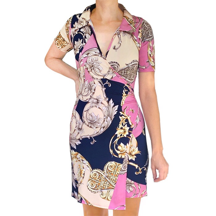 ワンピース ミニ丈 半袖 Vネック LAインポート バロックツタ模様 タイト レイヤード ラップ S.M.L マルチピンク FROM USA UA231016LA019 ワンピース ミニ丈 半袖 Vネック LAインポート バロックツタ模様 タイト レイヤード ラップ S.M.L マルチピンク FROM USA UA231016LA019