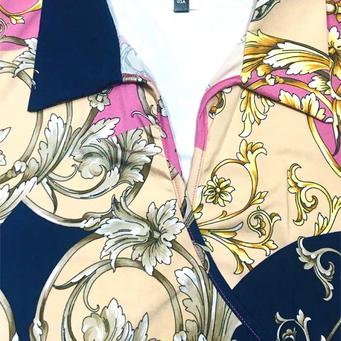 ワンピース ミニ丈 半袖 Vネック LAインポート バロックツタ模様 タイト レイヤード ラップ S.M.L マルチピンク FROM USA UA231016LA019 ワンピース ミニ丈 半袖 Vネック LAインポート バロックツタ模様 タイト レイヤード ラップ S.M.L マルチピンク FROM USA UA231016LA019