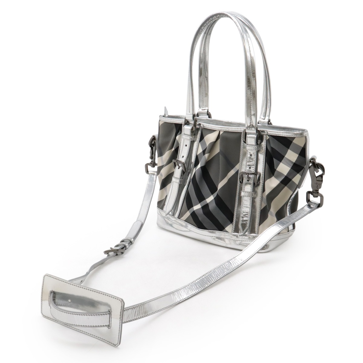 ビートチェック チェック柄 トートバッグ 2WAY ショルダーバッグ ナイロン パテントレザー グレー ブラック シルバ ビートチェック チェック柄 トートバッグ 2WAY ショルダーバッグ ナイロン パテントレザー グレー ブラック シルバ