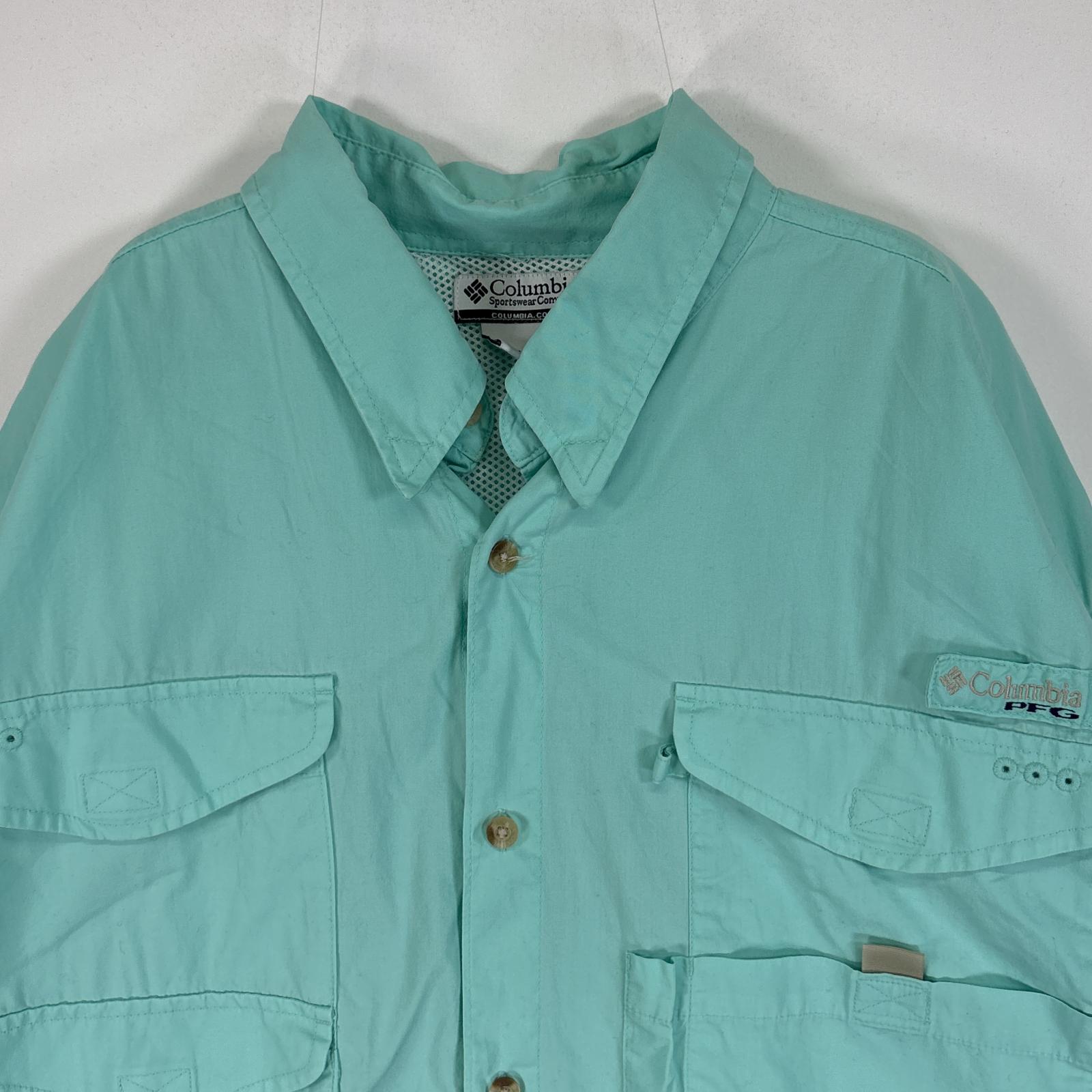 古着 半袖シャツ ロゴ バックデザイン 刺繍 大きいサイズ PFG XXL 水色系 無地 メンズ