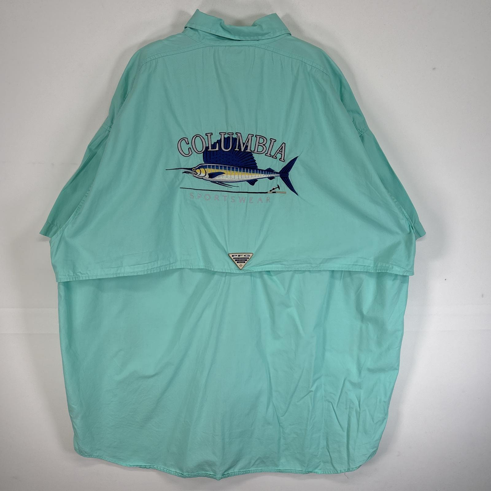 古着 半袖シャツ ロゴ バックデザイン 刺繍 大きいサイズ PFG XXL 水色系 無地 メンズ 古着 半袖シャツ ロゴ バックデザイン 刺繍 大きいサイズ PFG XXL 水色系 無地 メンズ