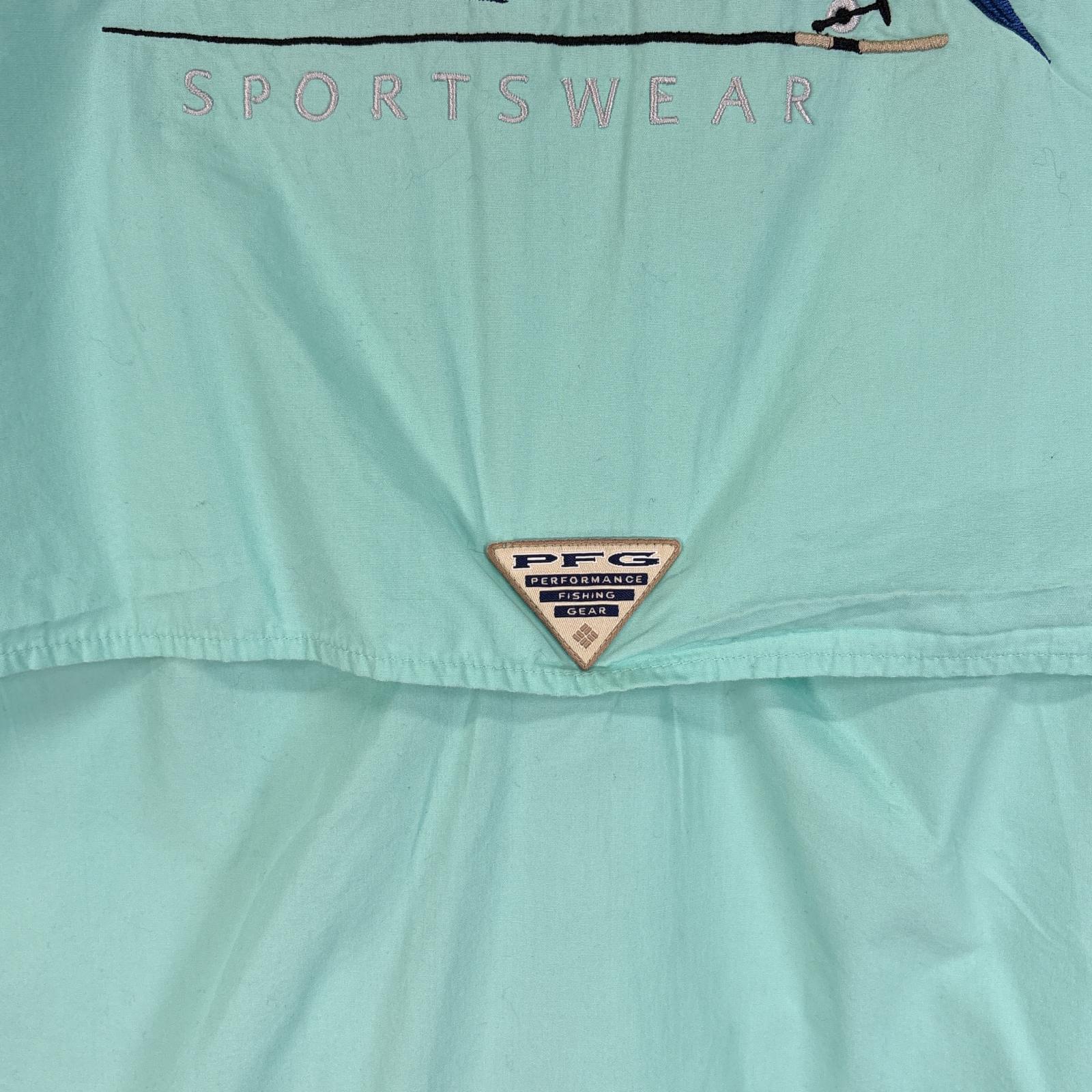 古着 半袖シャツ ロゴ バックデザイン 刺繍 大きいサイズ PFG XXL 水色系 無地 メンズ