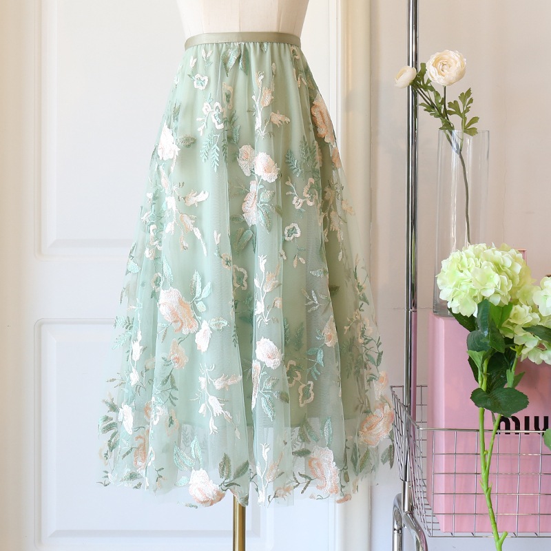スカート レディース チュールスカート 韓国 フレアスカート 花柄スカート ロングスカート 2色 ミモレ丈 レース チュール 刺繍 花柄 透け感 切り替え Aライン ウエストゴム かわいい 大人可愛い