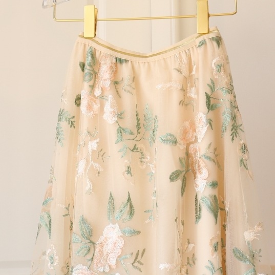 スカート レディース チュールスカート 韓国 フレアスカート 花柄スカート ロングスカート 2色 ミモレ丈 レース チュール 刺繍 花柄 透け感 切り替え Aライン ウエストゴム かわいい 大人可愛い