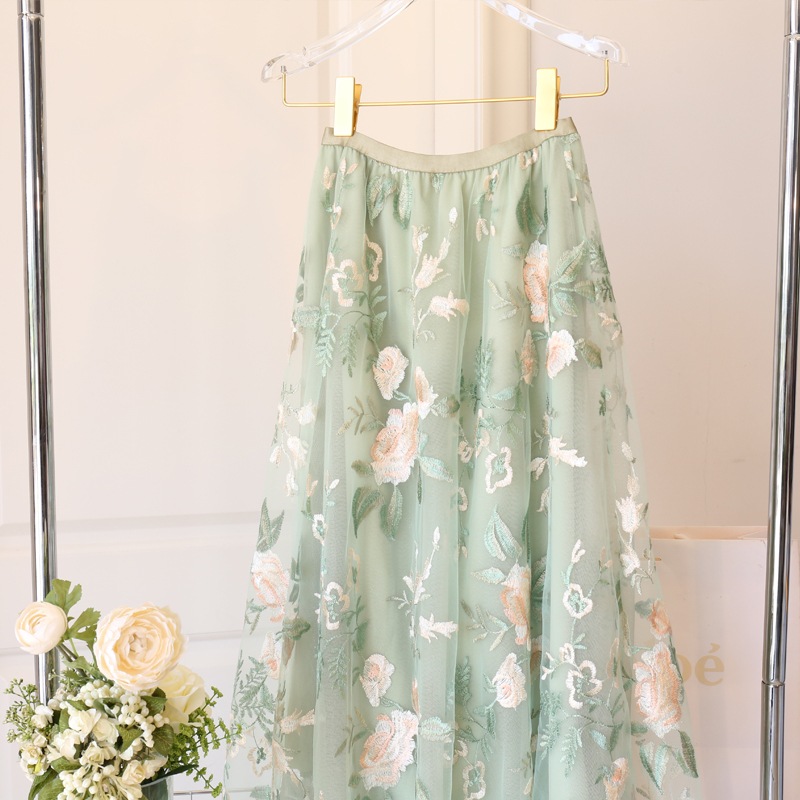 スカート レディース チュールスカート 韓国 フレアスカート 花柄スカート ロングスカート 2色 ミモレ丈 レース チュール 刺繍 花柄 透け感 切り替え Aライン ウエストゴム かわいい 大人可愛い