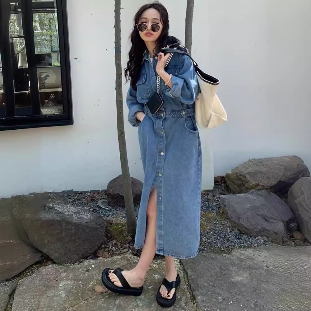 ニューデザイン 春夏 デニム ワンピース レディース 長袖ブラウス 韓国版 ゆったり ワンピース レトロ コーディネート スリット カーディガン セミロング スカート ニューデザイン 春夏 デニム ワンピース レディース 長袖ブラウス 韓国版 ゆったり ワンピース レトロ コーディネート スリット カーディガン セミロング スカート