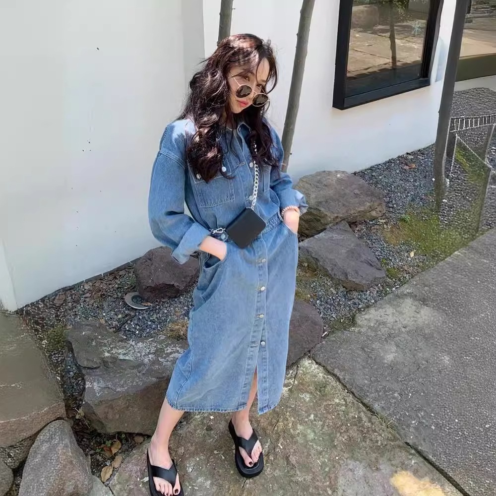 ニューデザイン 春夏 デニム ワンピース レディース 長袖ブラウス 韓国版 ゆったり ワンピース レトロ コーディネート スリット カーディガン セミロング スカート ニューデザイン 春夏 デニム ワンピース レディース 長袖ブラウス 韓国版 ゆったり ワンピース レトロ コーディネート スリット カーディガン セミロング スカート
