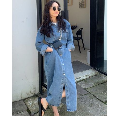 ニューデザイン 春夏 デニム ワンピース レディース 長袖ブラウス 韓国版 ゆったり ワンピース レトロ コーディネート スリット カーディガン セミロング スカート ニューデザイン 春夏 デニム ワンピース レディース 長袖ブラウス 韓国版 ゆったり ワンピース レトロ コーディネート スリット カーディガン セミロング スカート