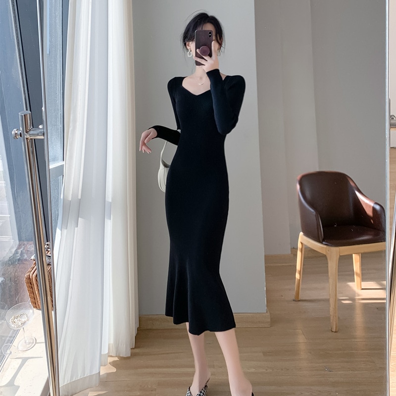 秋冬の女性用ソフトワックスニットセータードレスミッドレングス