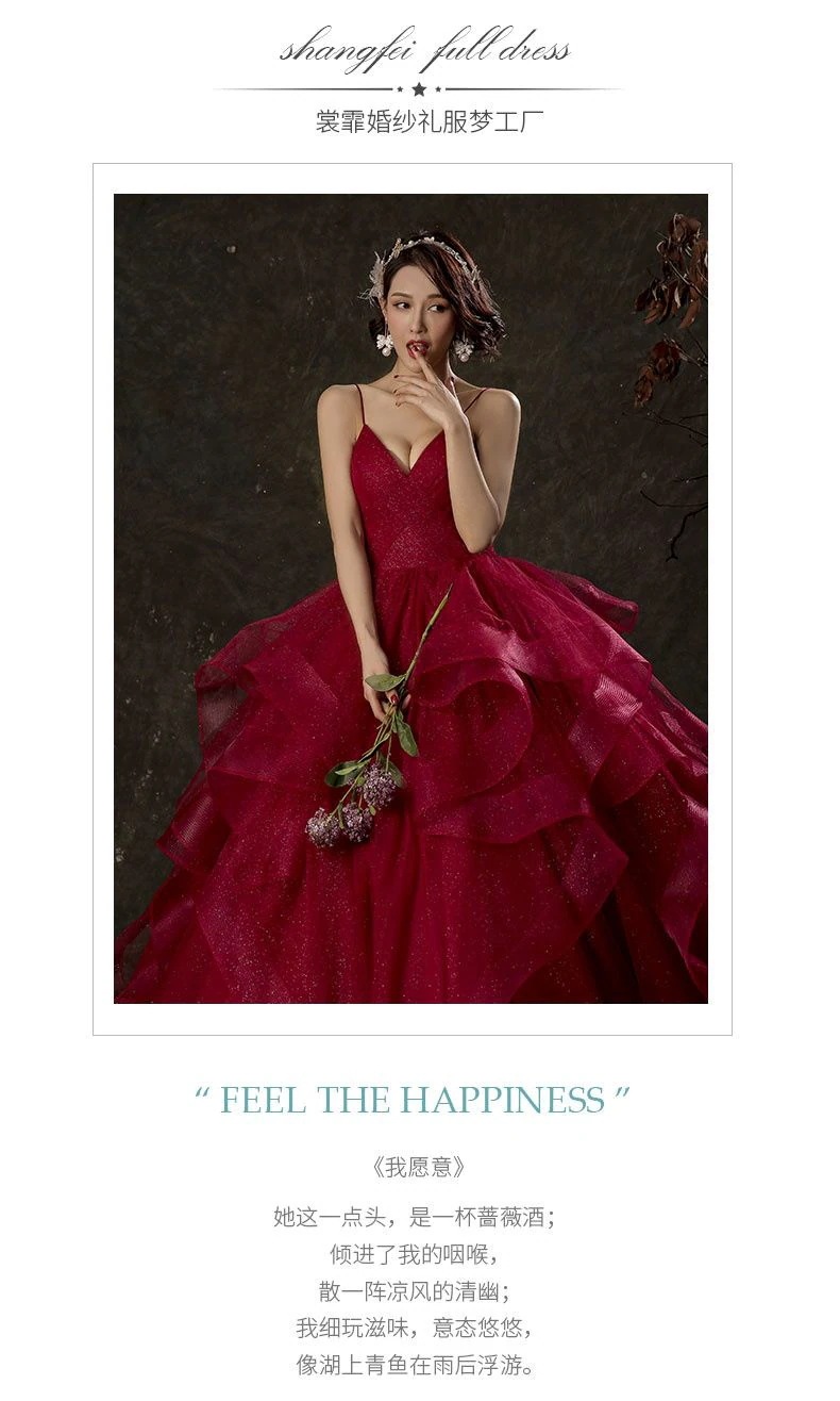 レッドウェディングドレス花嫁レッドストラップブプリンセスシンプルフロアレングススリムチュチュスカート春