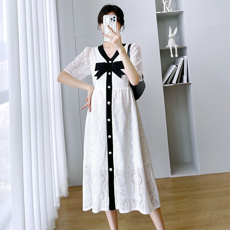 【日本未発売/送料無料】マタニティ ワンピース Vネック レース パンチングレース 半袖