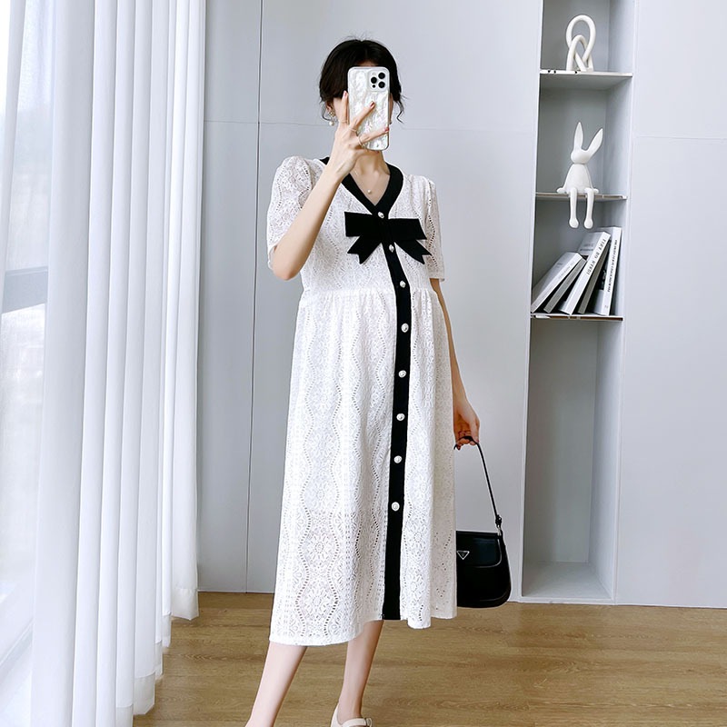 【日本未発売/送料無料】マタニティ ワンピース Vネック レース パンチングレース 半袖