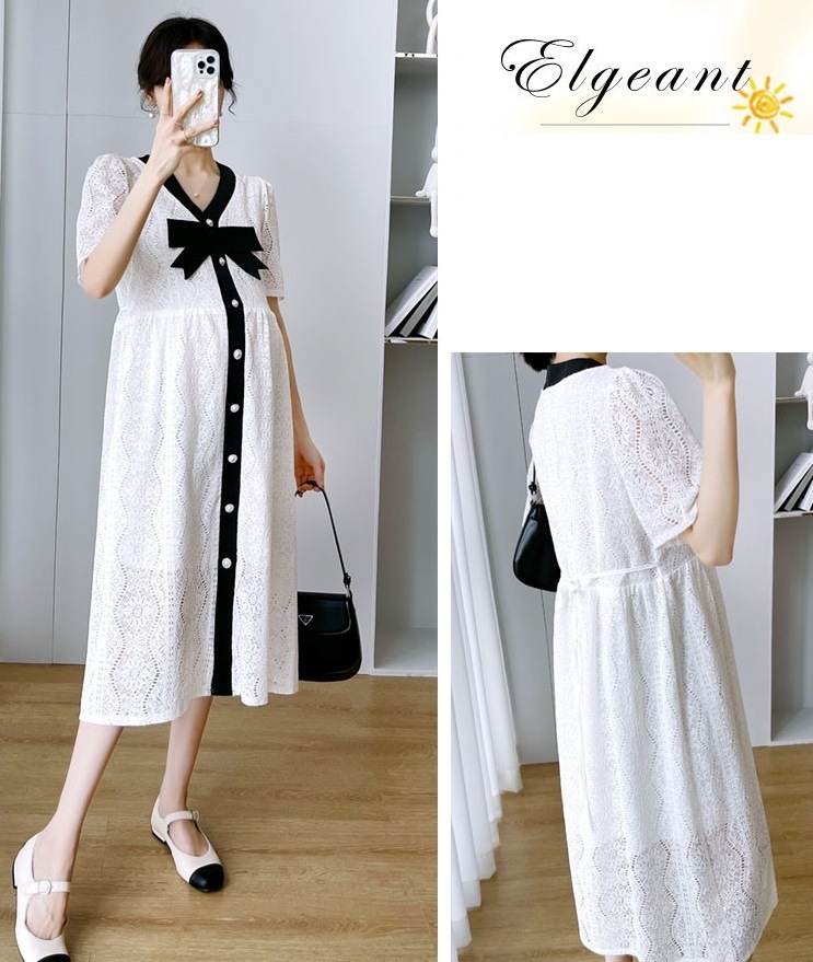 【日本未発売/送料無料】マタニティ ワンピース Vネック レース パンチングレース 半袖