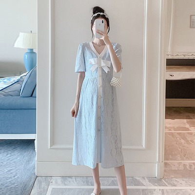 【日本未発売/送料無料】マタニティ ワンピース Vネック レース パンチングレース 半袖