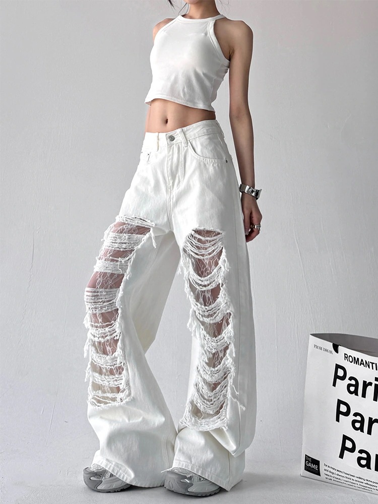 【急速出荷!】25 デニムパンツ ボトムス ハイウエスト ジーンズ K-PP ストリートファッション系モップ韓国風ファッション練習ジーンズ シルエットゆったりレッグレディースカジュアルジーパン衣装