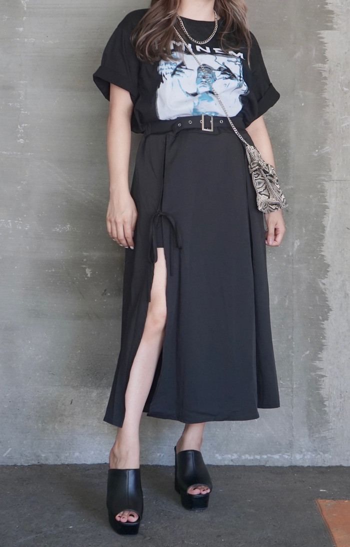 Slit Design Belted Flare Long Skirt (black) A,D,G レディース ボトムス
