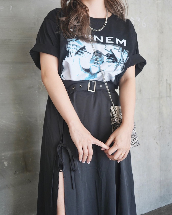 Slit Design Belted Flare Long Skirt (black) A,D,G レディース ボトムス