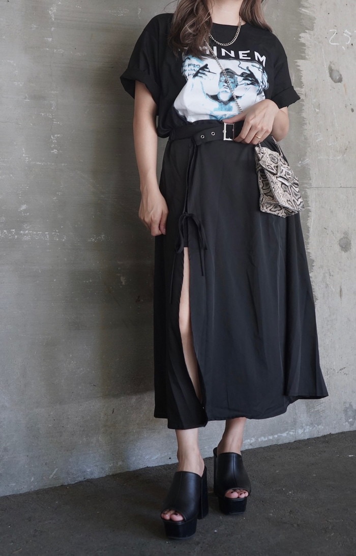 Slit Design Belted Flare Long Skirt (black) A,D,G レディース ボトムス