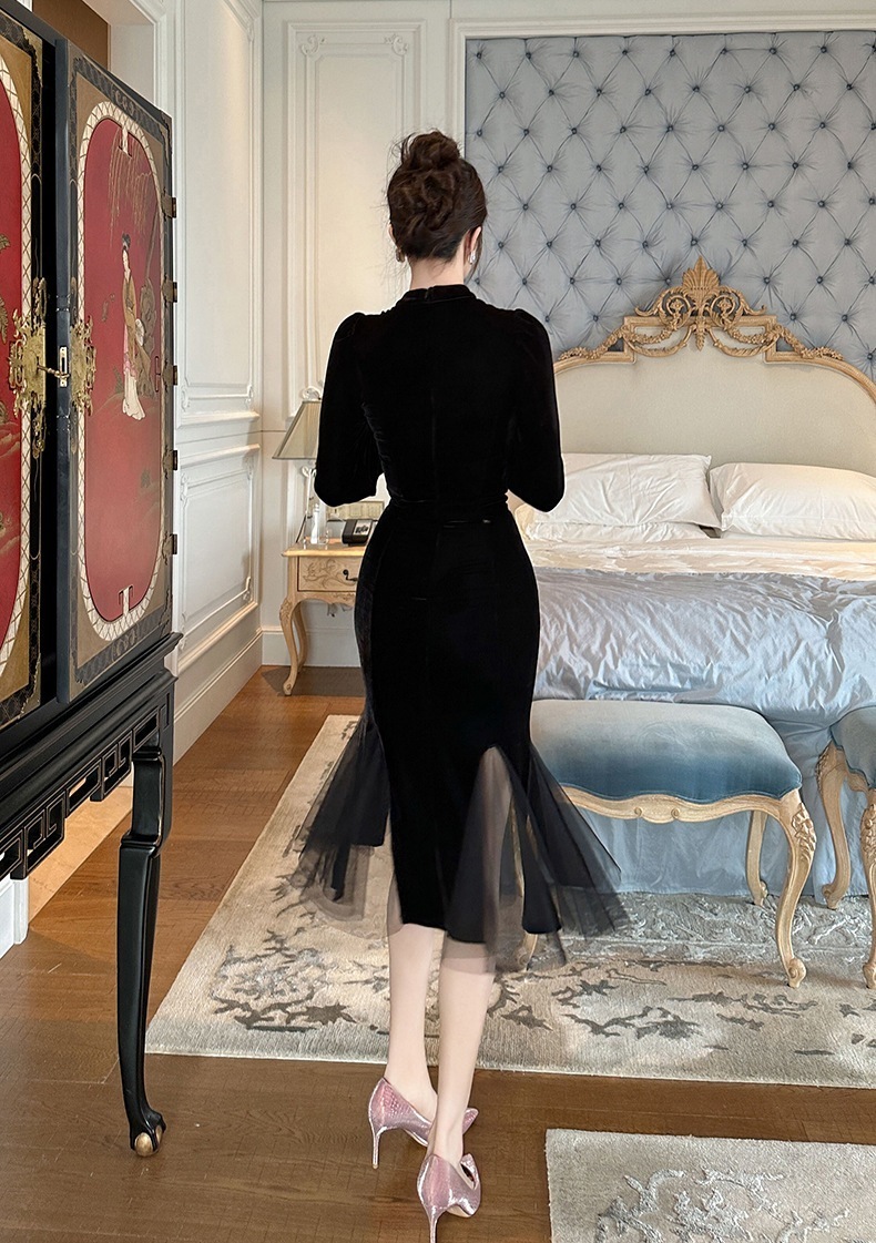 【JY.上品】 秋 チャイナドレス チュール マーメイド 新中式 ワンピ パーティードレス キャバ 着痩せ 大人 お呼ばれ 同窓会 披露宴 卒業式 結婚式 ウェディング 二次会 成人式