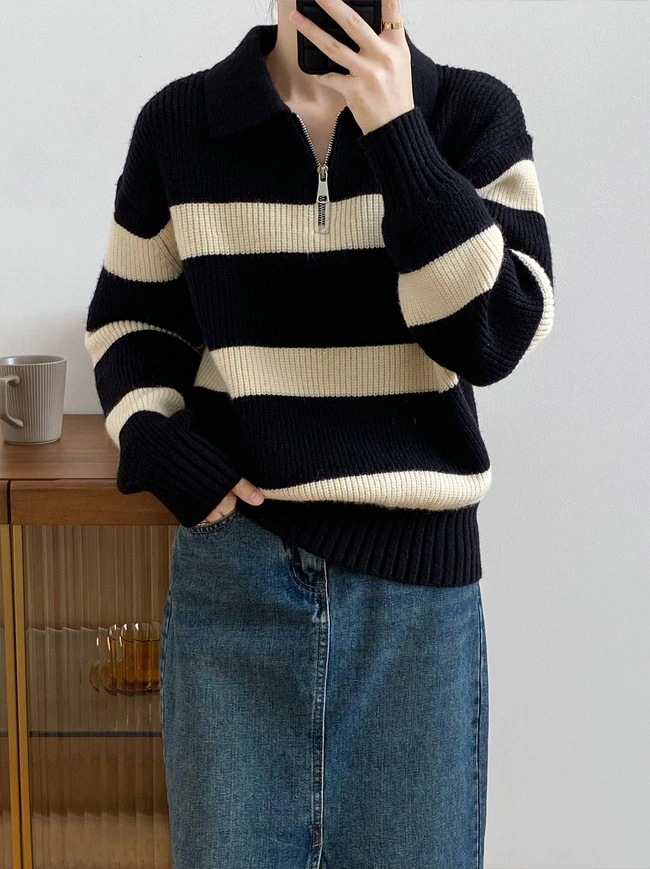 ニットセーター レディース アウター 配色 ボーダー柄 ハーフジップ 長袖 リブ編み 切り替え ニットセーター レディース アウター 配色 ボーダー柄 ハーフジップ 長袖 リブ編み 切り替え