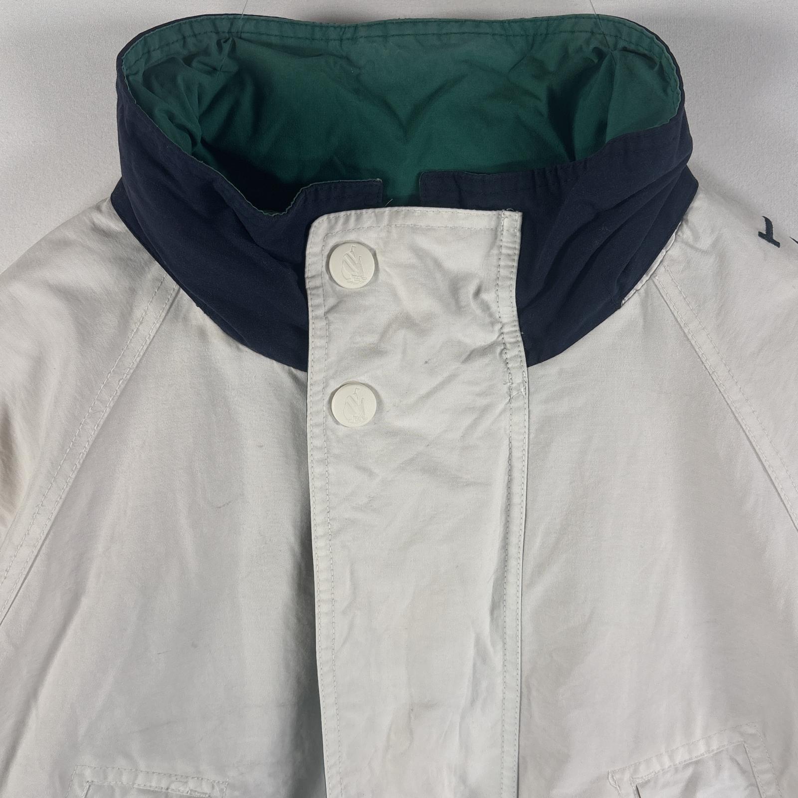 古着 90s/90年代 ジャケット ブルゾン ビッグ刺繍ロゴ フルジップ 収納フード M ホワイト マルチカラー メンズ